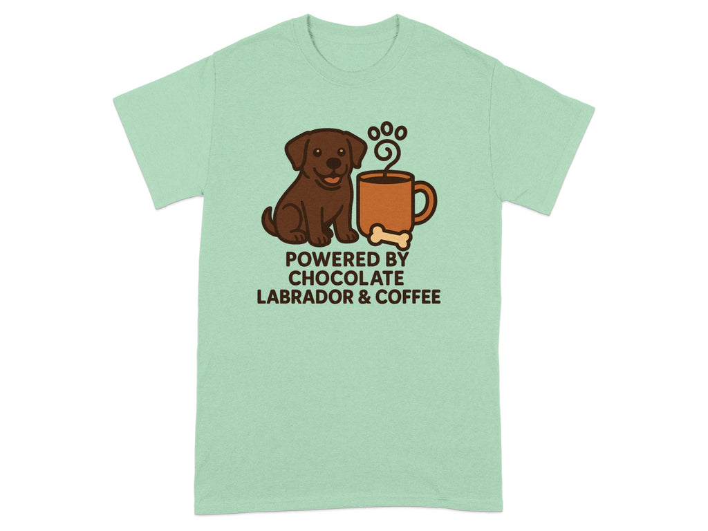 T-shirt with brown lab, coffee cup, and text: "POWERED BY CHOCOLATE LABRADOR & COFFEE".