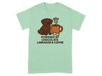 T-shirt with brown lab, coffee cup, and text: "POWERED BY CHOCOLATE LABRADOR & COFFEE".