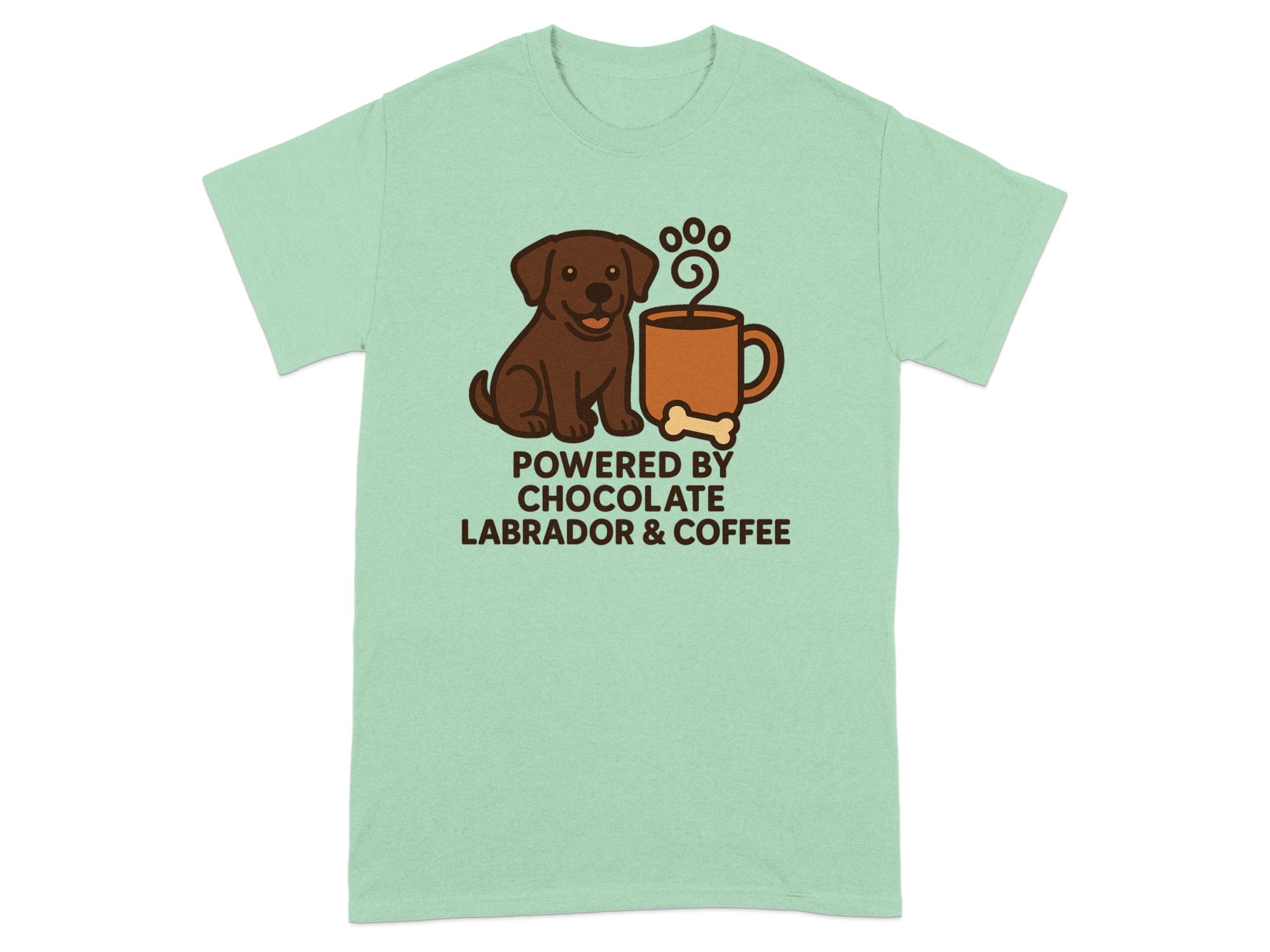 T-shirt with brown lab, coffee cup, and text: "POWERED BY CHOCOLATE LABRADOR & COFFEE".