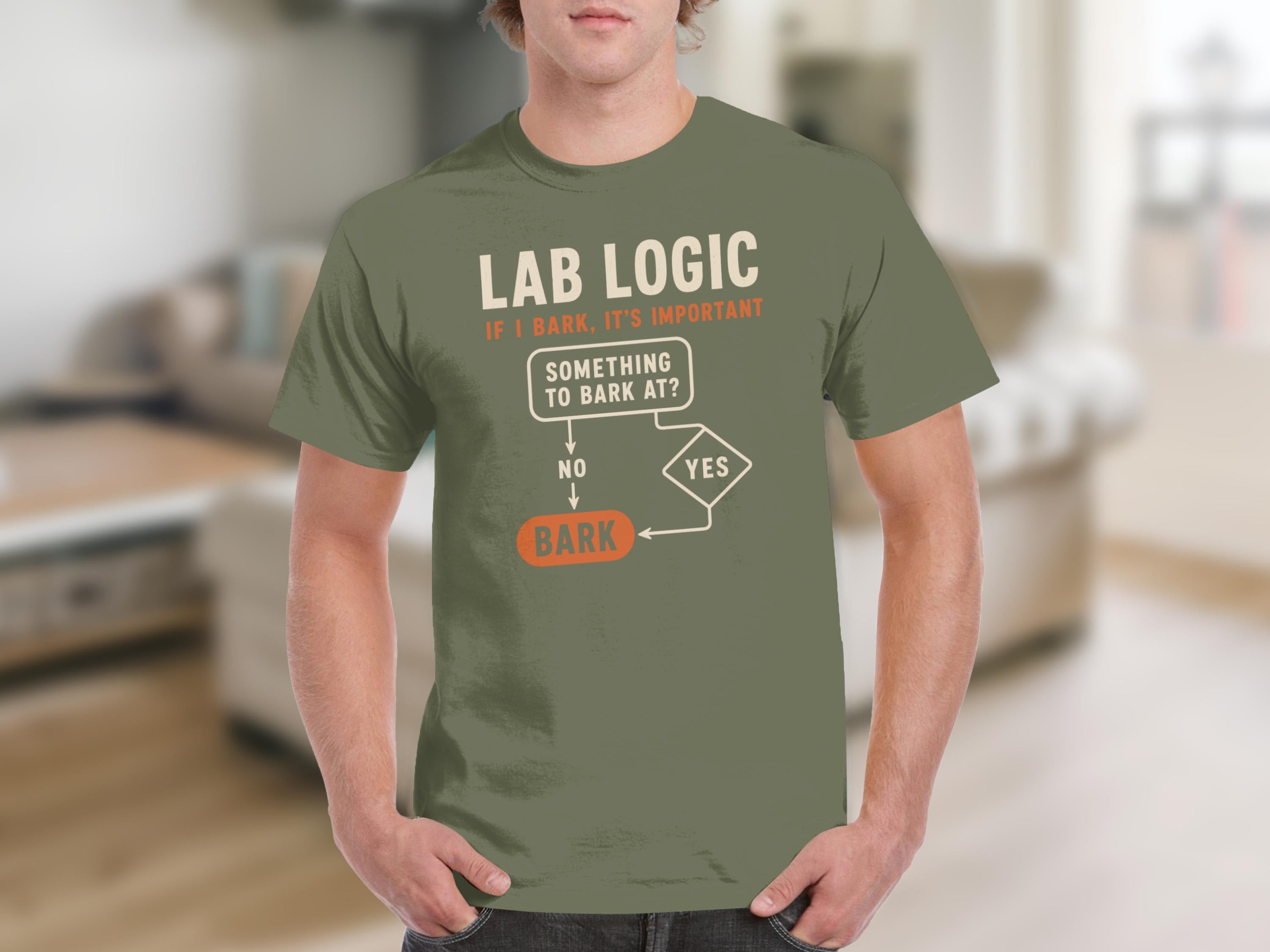 Green t-shirt with "Lab Logic" flowchart about barking.