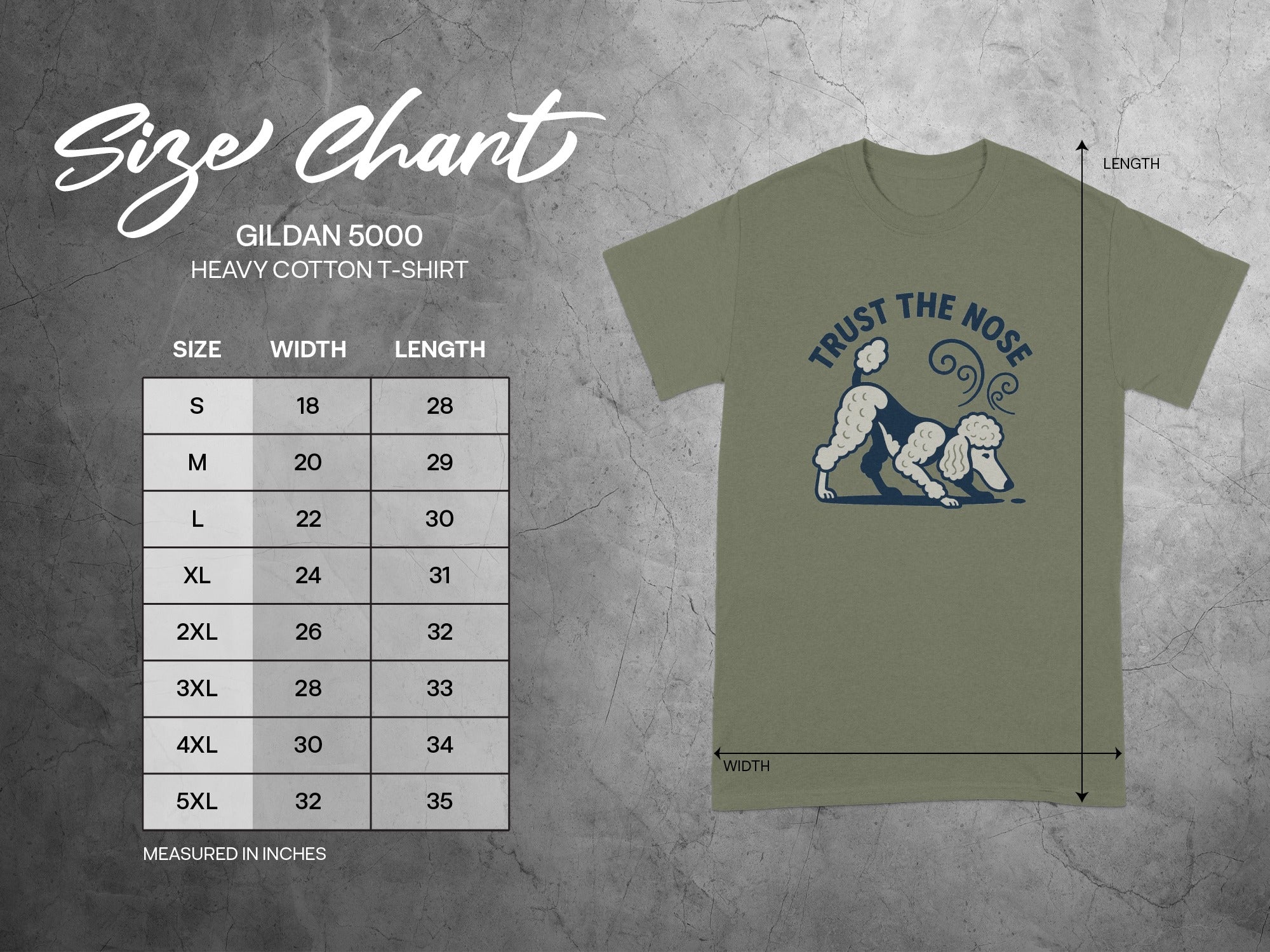 Gildan 5000 Heavy Cotton t-shirt size chart with poodle graphic.