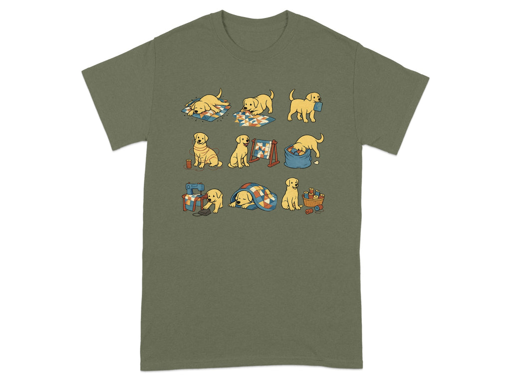 Golden retriever puppies engage in various activities like sewing, napping, and playing.