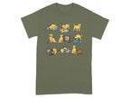 Golden retriever puppies engage in various activities like sewing, napping, and playing.