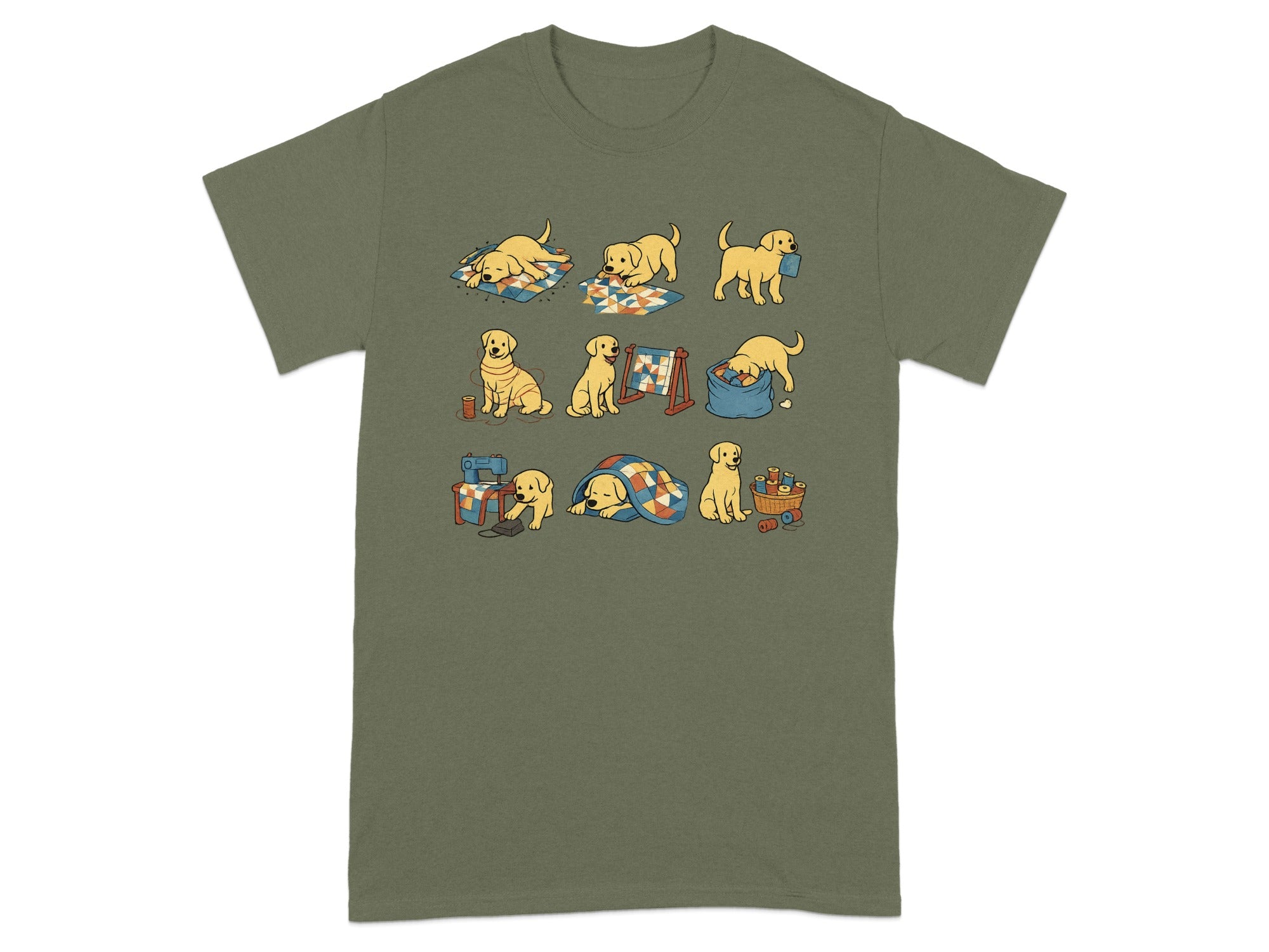 Golden retriever puppies engage in various activities like sewing, napping, and playing.