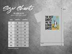 Gildan 5000 size chart with graphic of dog howling at sun and text "The best days are the loud days."