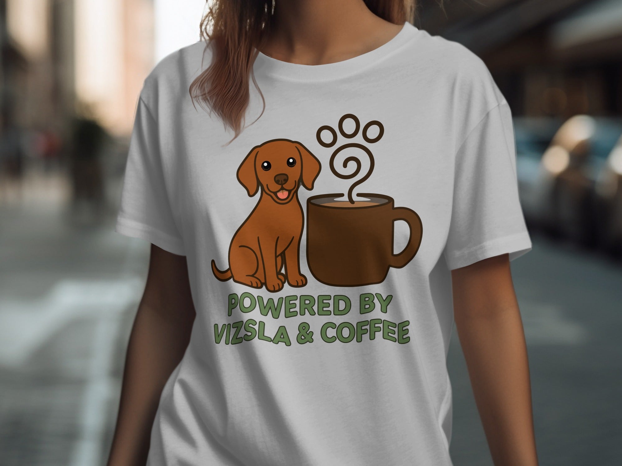 Brown Vizsla dog sitting by a coffee mug with text "Powered by Vizsla & Coffee".
