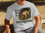 White t-shirt with a yellow lab wearing a deerstalker hat and text.