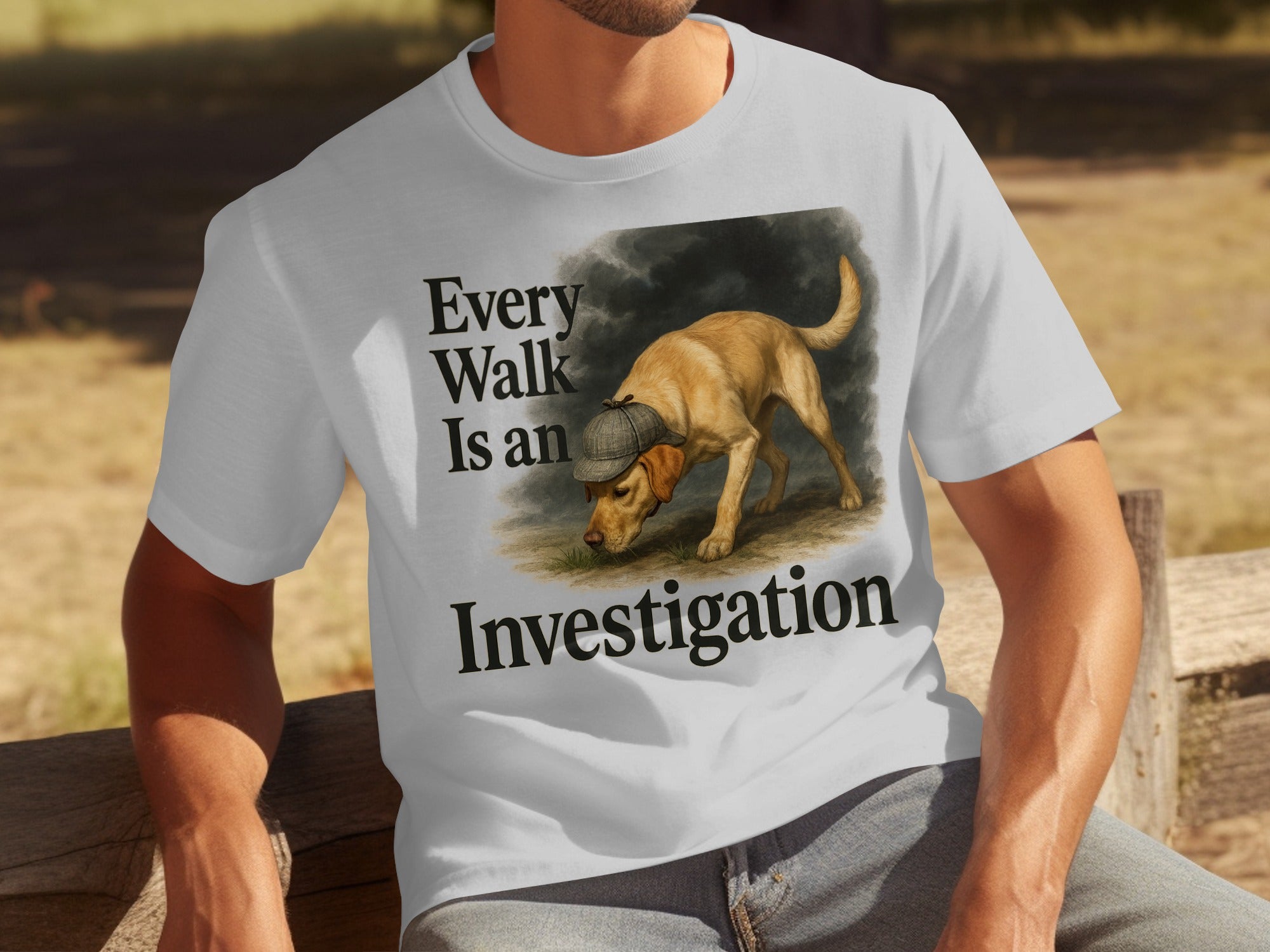 White t-shirt with a yellow lab wearing a deerstalker hat and text.