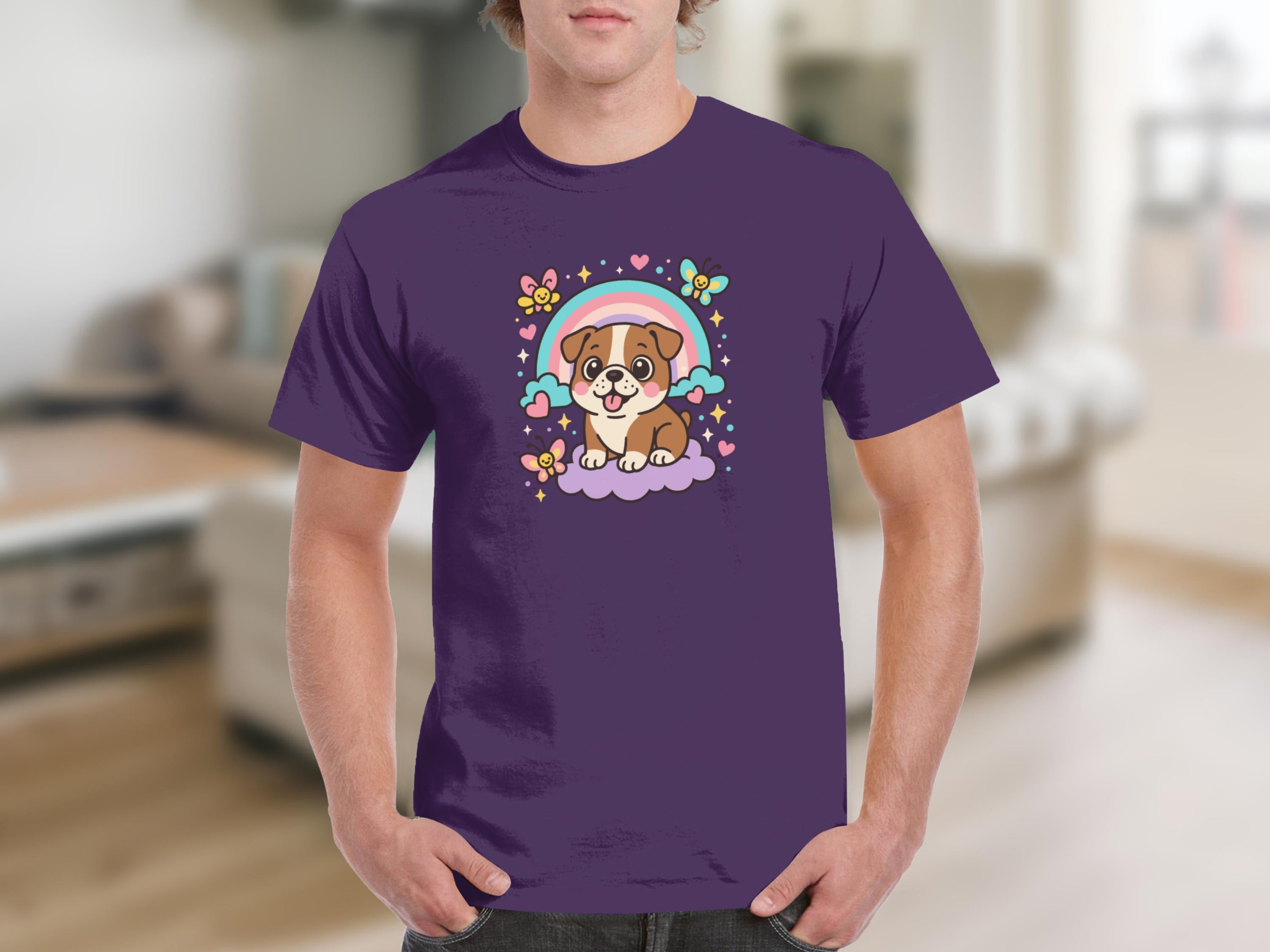 Cute Puppy with Rainbow and Butterfly Graphic Shirt