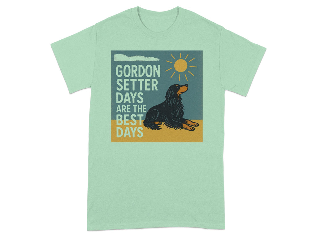 Gordon Setter Days are the best days graphic with dog, sun, and clouds.