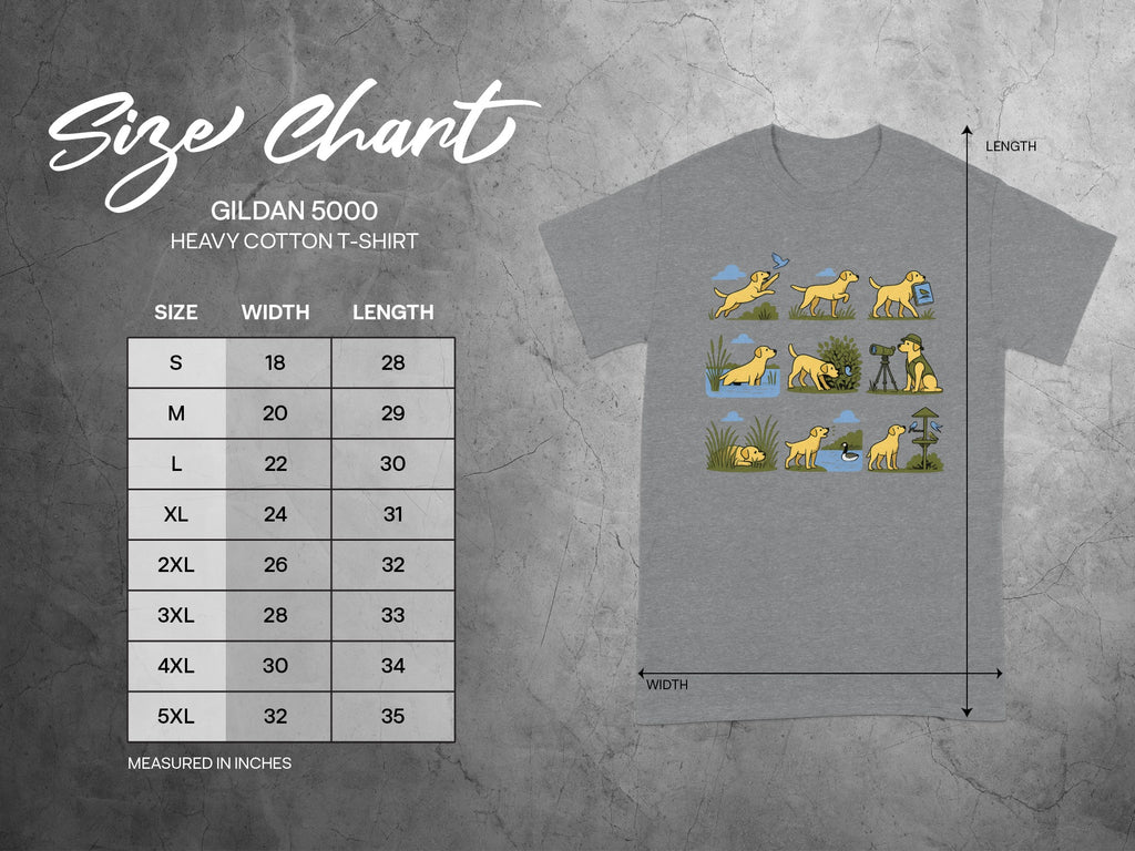 Gildan 5000 heavy cotton t-shirt size chart with width and length measurements in inches.