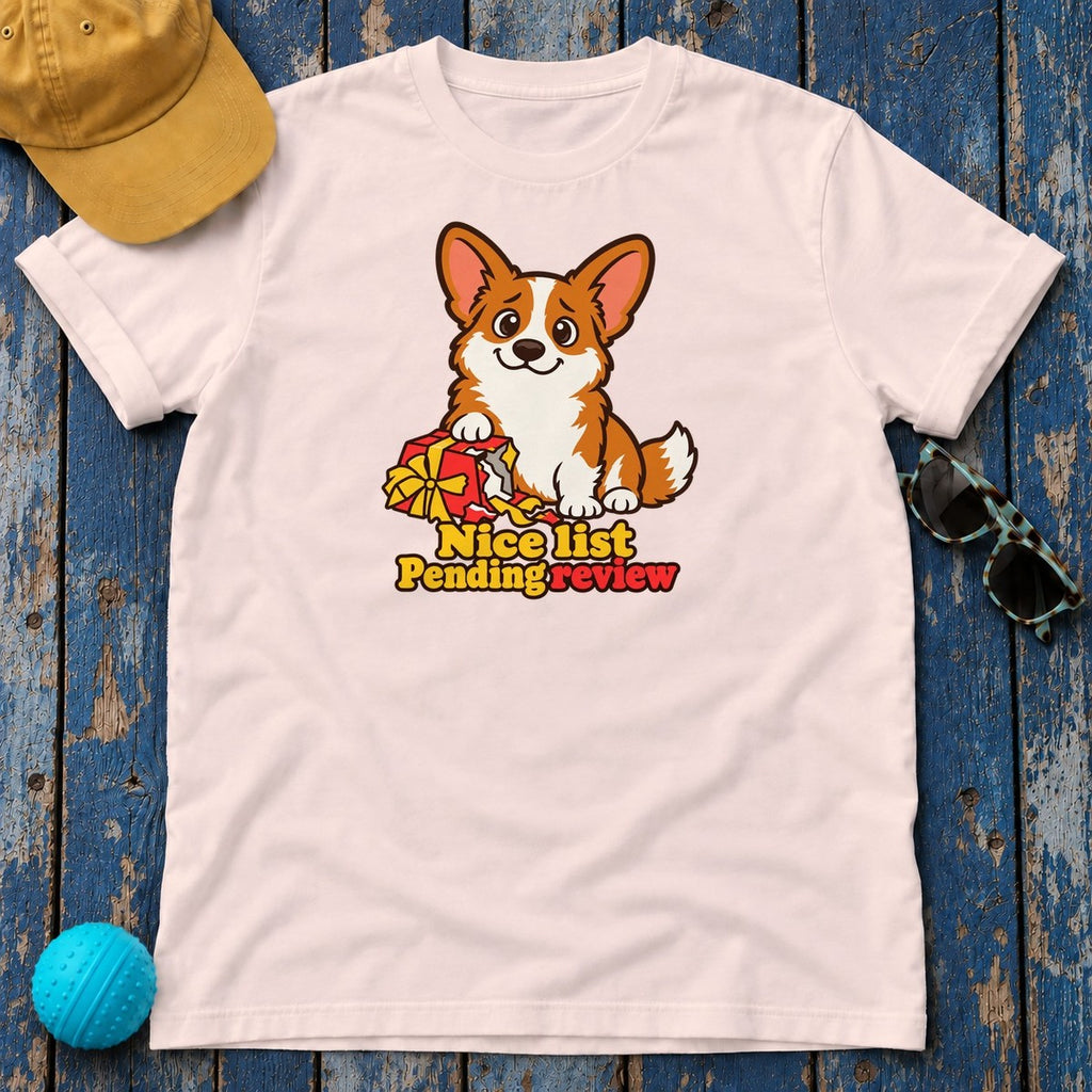 Nice List Pending Review Corgi T-Shirt — Soft Pink