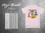 Gildan 5000 Heavy Cotton T-Shirt size chart with a Yellow Lab Logic graphic.