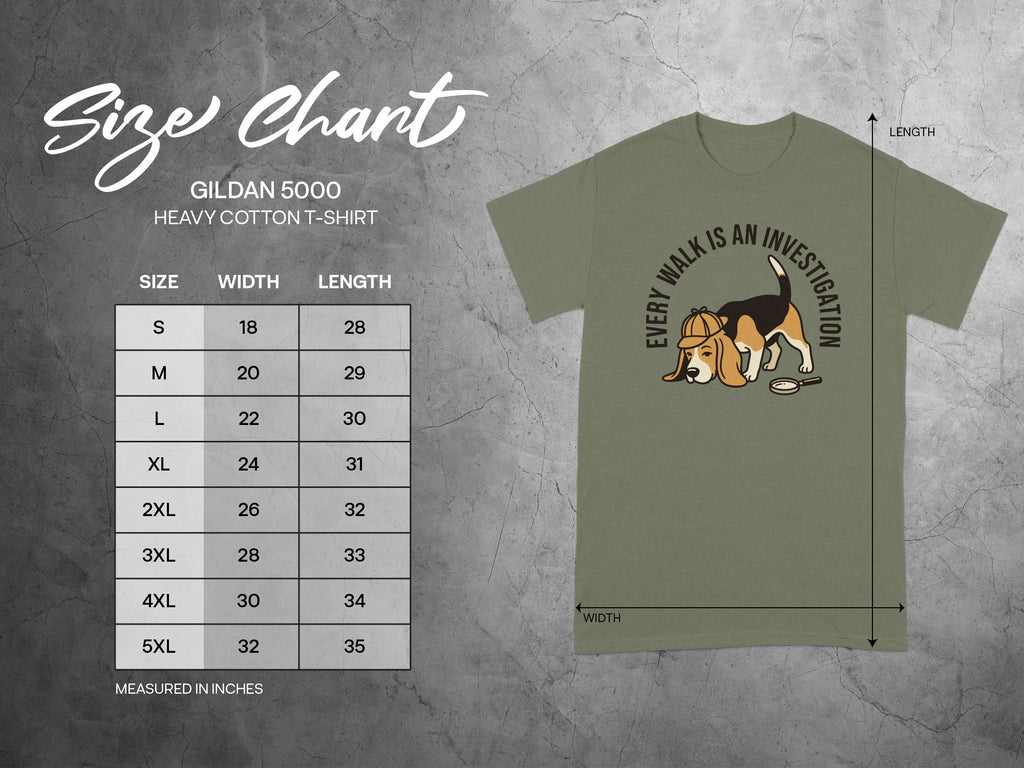 Gildan 5000 heavy cotton t-shirt size chart with product graphic.