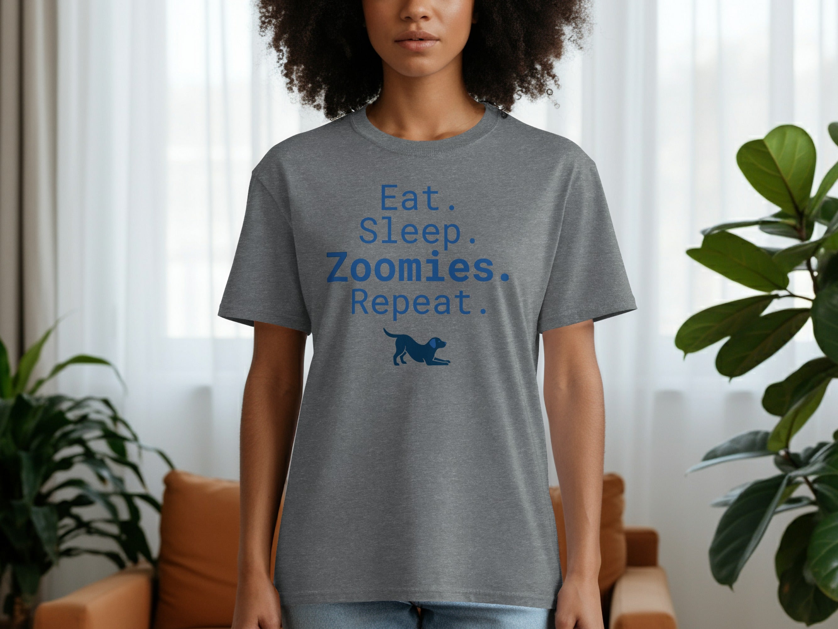 Grey t-shirt with "Eat. Sleep. Zoomies. Repeat." text and dog silhouette.