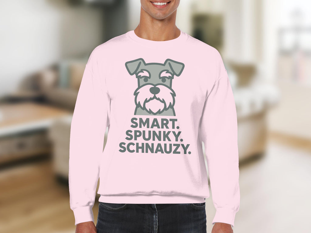 Light pink sweatshirt with cartoon schnauzer and text "SMART. SPUNKY. SCHNAUZY."