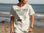White t-shirt with "Corgi Logic" flowchart about barking.