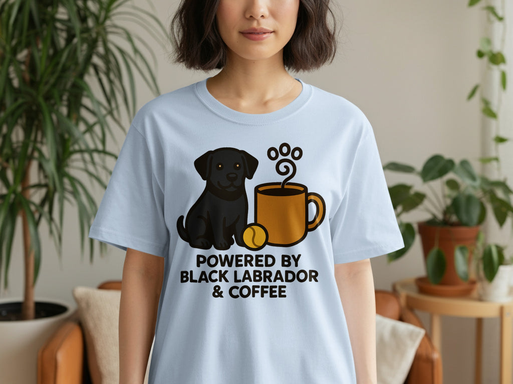 Light blue t-shirt with black labrador, coffee mug, and text.