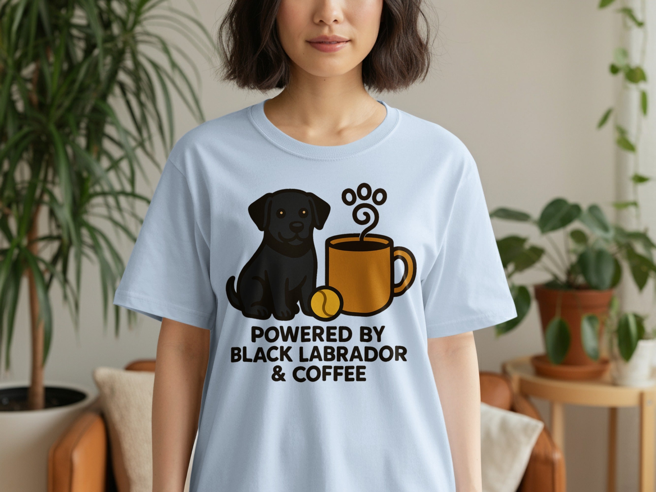 Light blue t-shirt with black labrador, coffee mug, and text.
