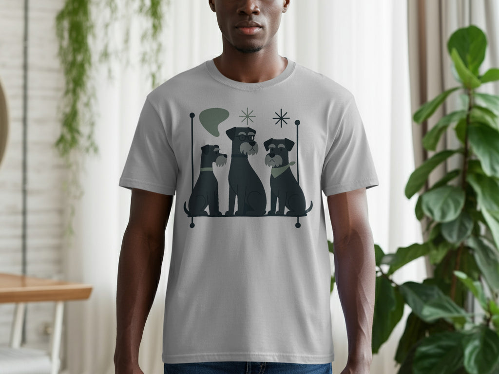 Gray t-shirt featuring three illustrated schnauzer dogs and retro-style shapes.