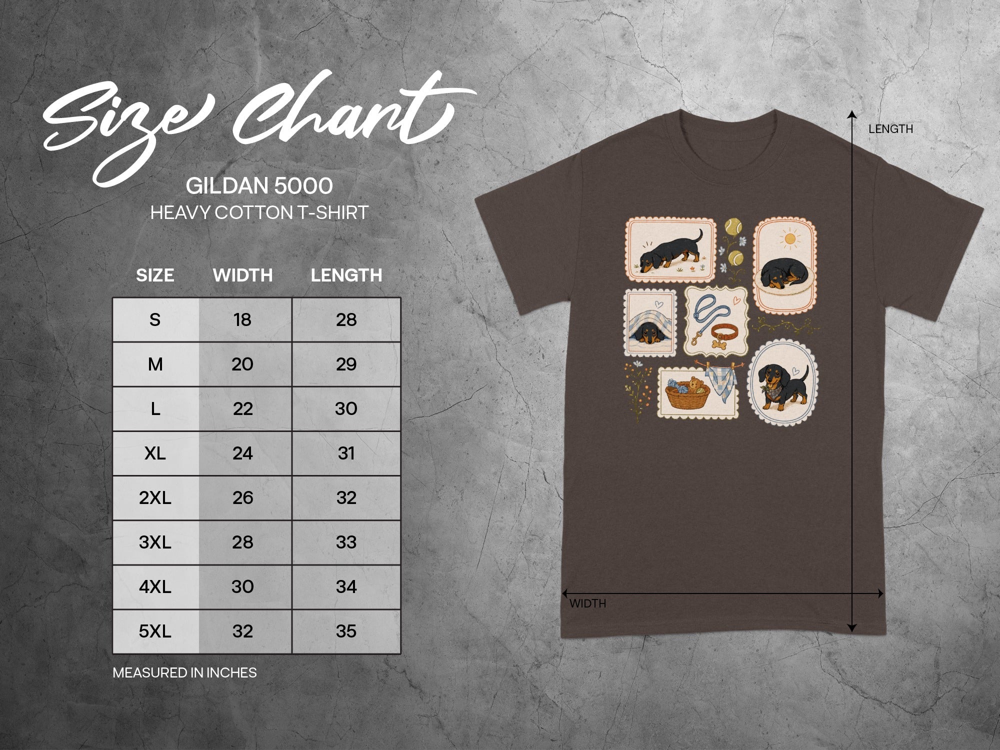Gildan 5000 Heavy Cotton T-shirt size chart with width and length measurements.