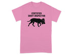 Pink t-shirt with black silhouette of a dog wearing a detective hat and text.