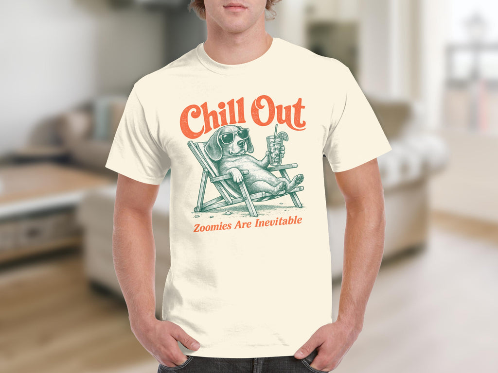 Dog in sunglasses relaxing on a beach chair with a drink, text "Chill Out" and "Zoomies Are Inevitable".
