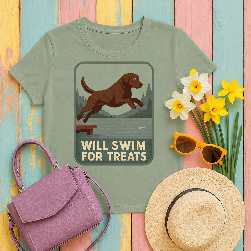 Chocolate Lab Will Swim for Treats T-shirt in Sage