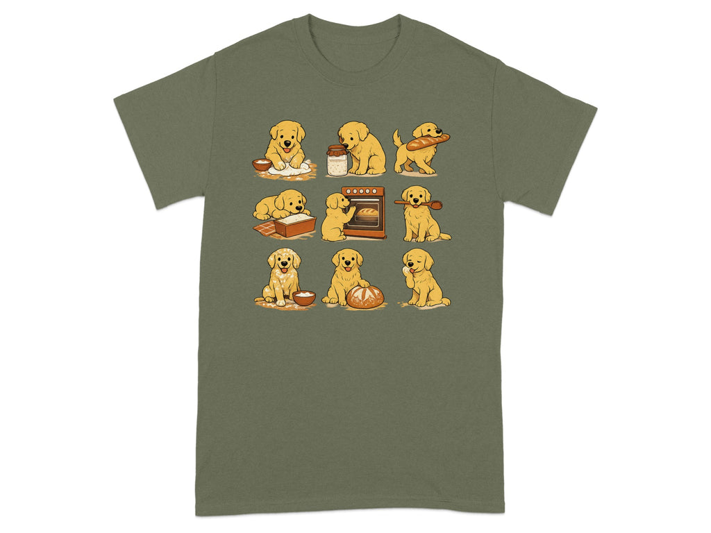 Cartoon golden retrievers baking bread in a grid layout on a green t-shirt.