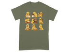 Cartoon golden retrievers baking bread in a grid layout on a green t-shirt.