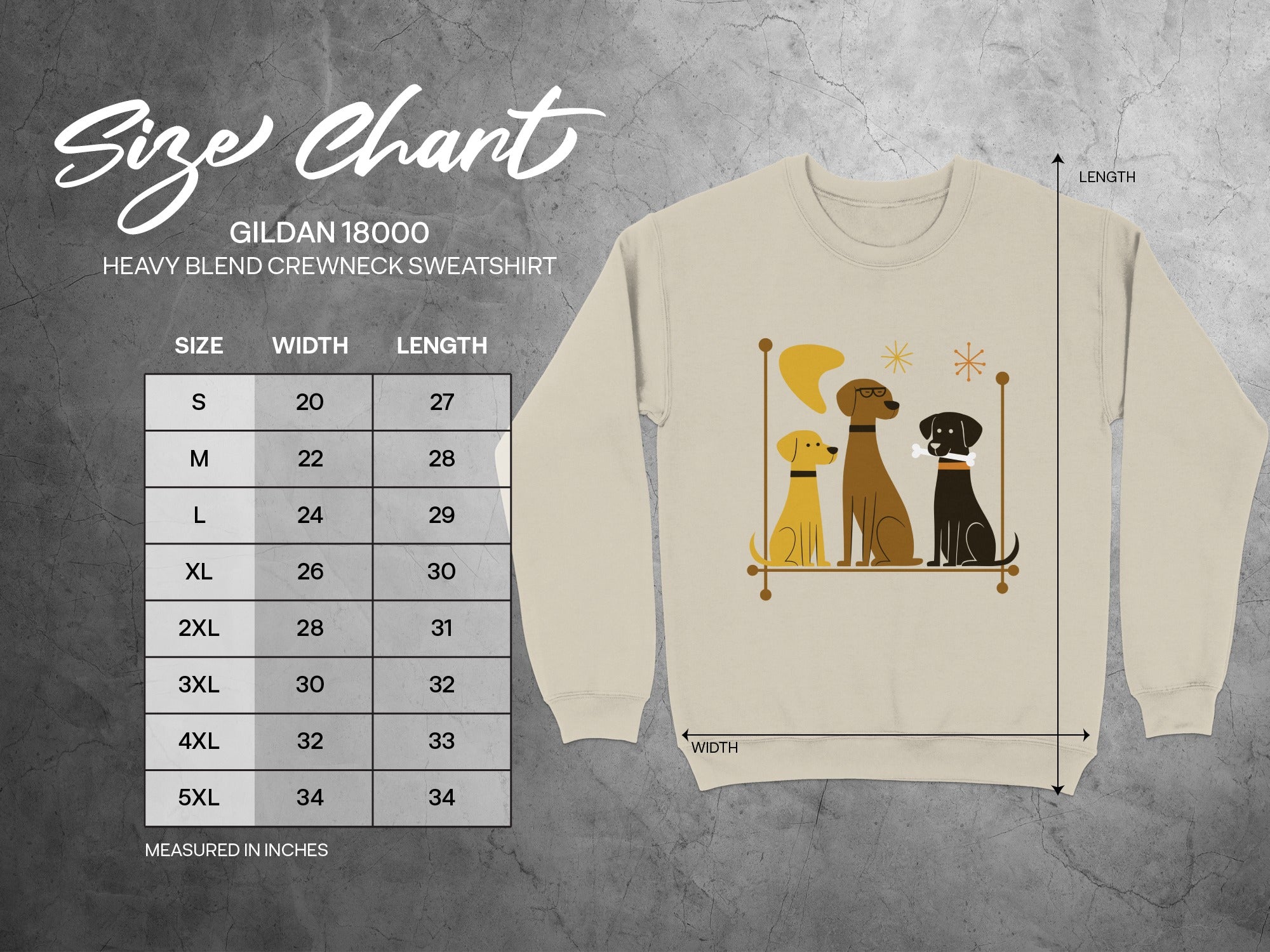 Gildan 18000 sweatshirt size chart with measurements in inches.