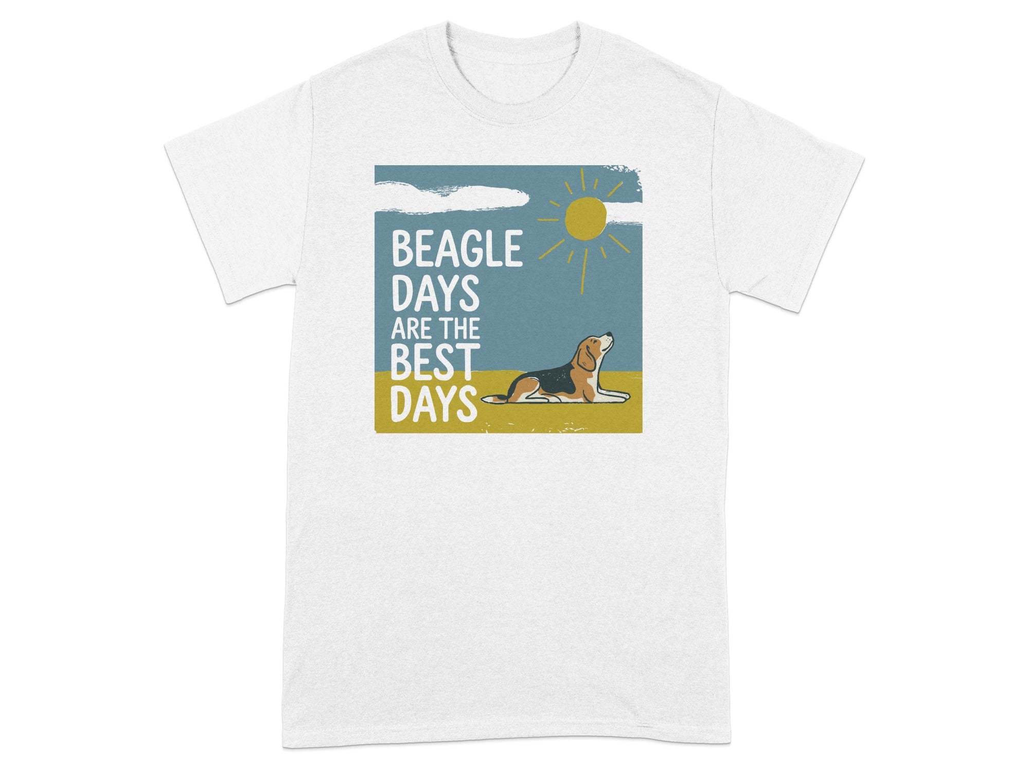 T-shirt graphic: Beagle lying in sun with text "BEAGLE DAYS ARE THE BEST DAYS".
