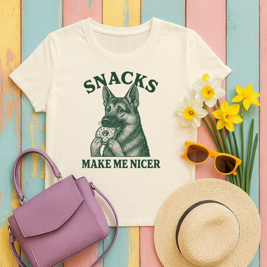Snacks Make Me Nicer Funny German Shepherd With Donut Cute T-Shirt in Natural