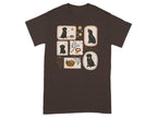 T-shirt with cartoon black labrador puppies and dog accessories in framed squares.