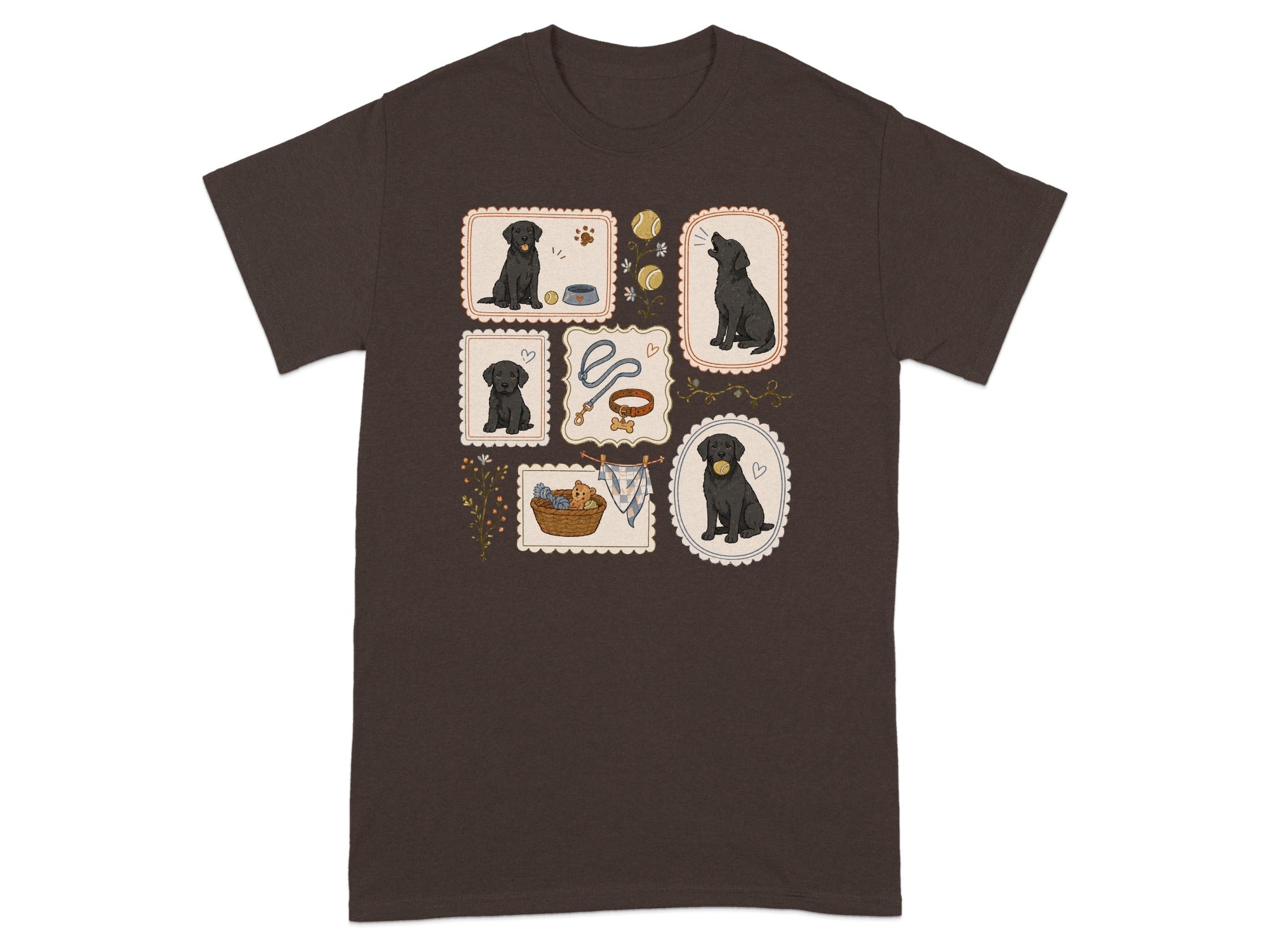 T-shirt with cartoon black labrador puppies and dog accessories in framed squares.