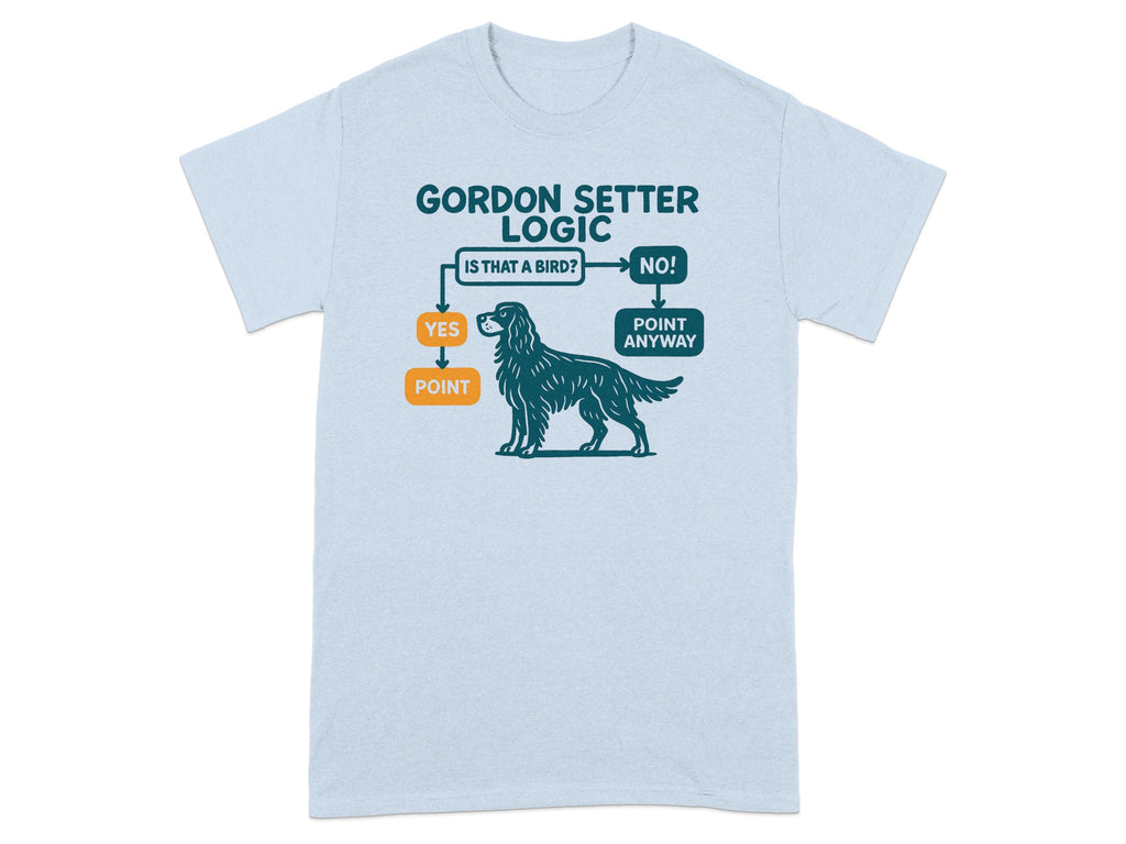 Light blue t-shirt with "Gordon Setter Logic" flowchart and dog illustration.