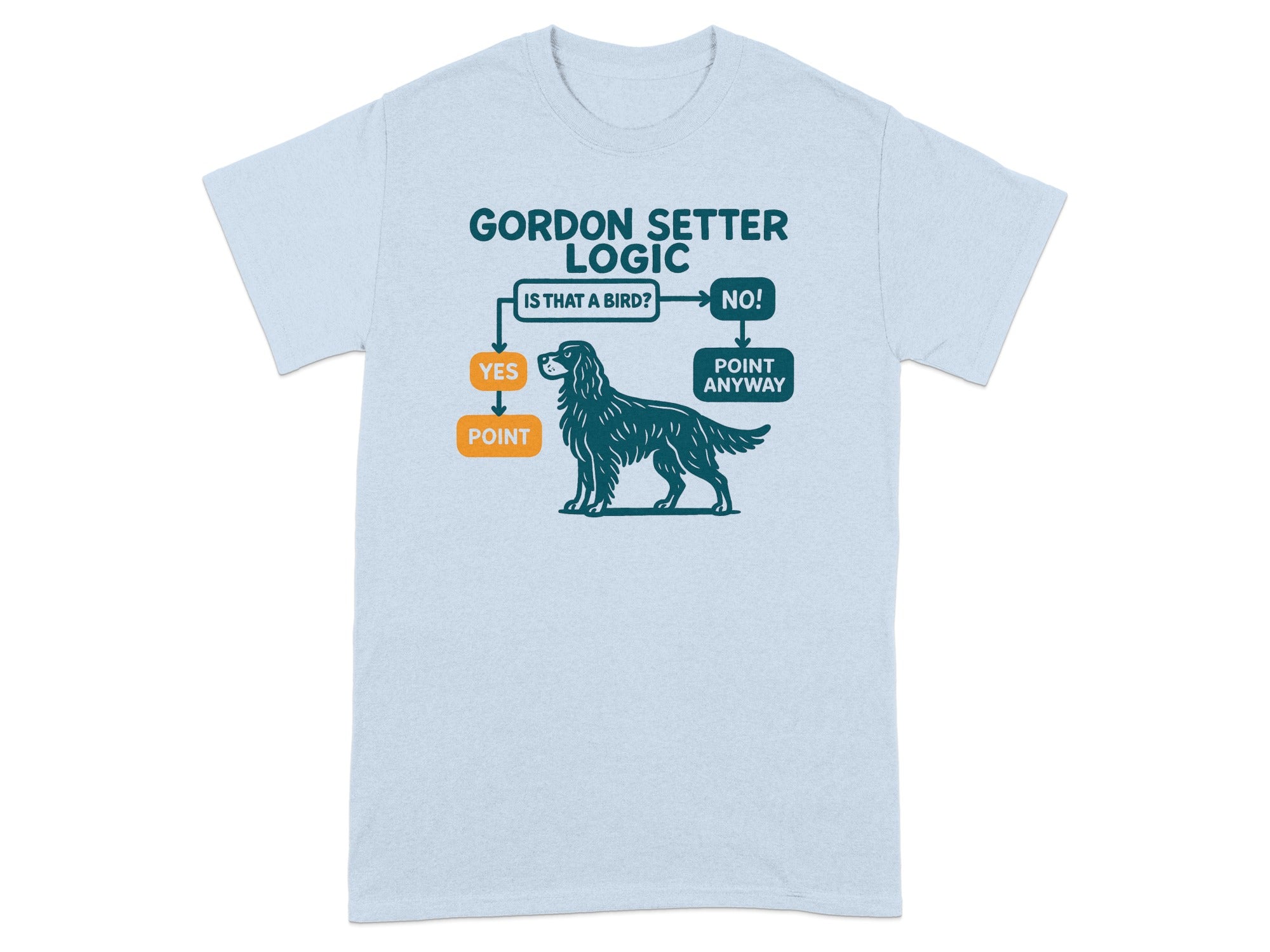 Light blue t-shirt with "Gordon Setter Logic" flowchart and dog illustration.