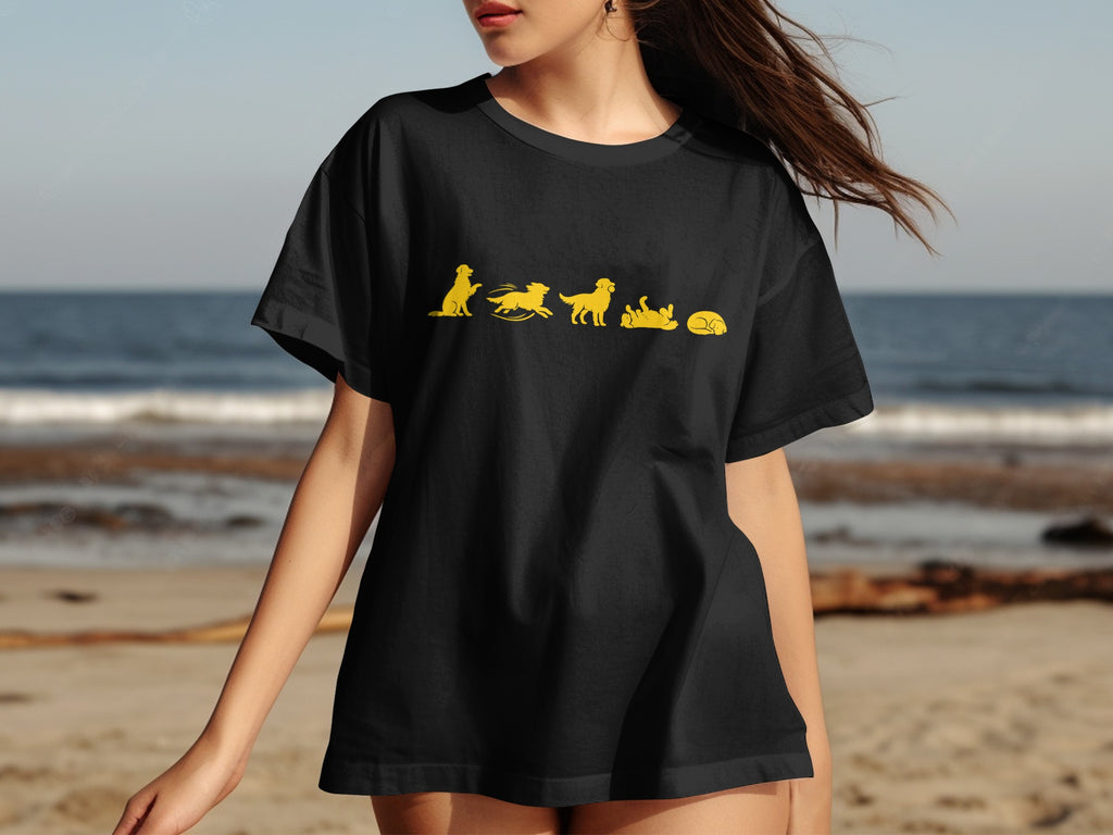 Black t-shirt with a yellow silhouette sequence of a dog's actions.