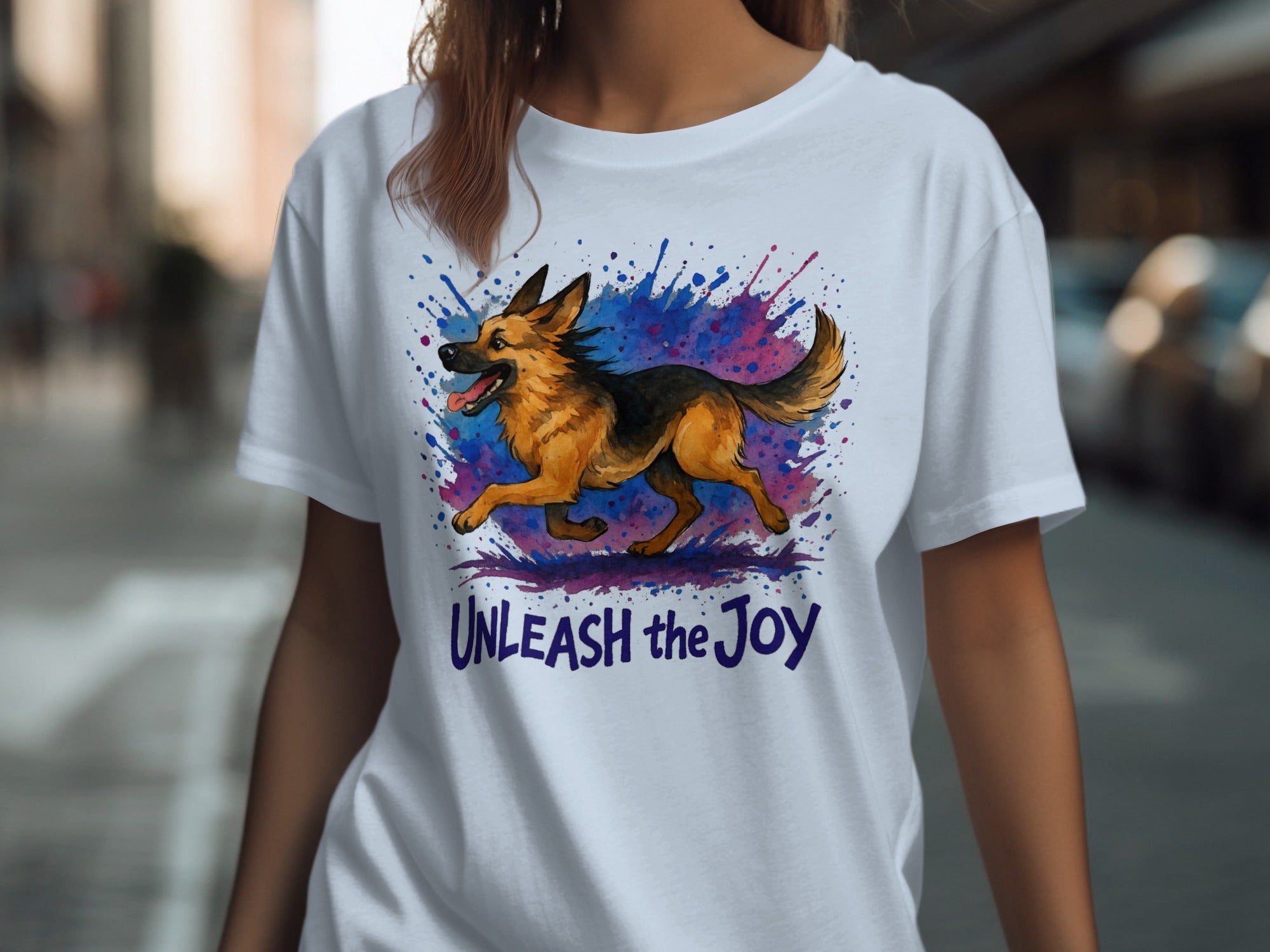 White t-shirt with German Shepherd illustration and "Unleash the Joy" text.