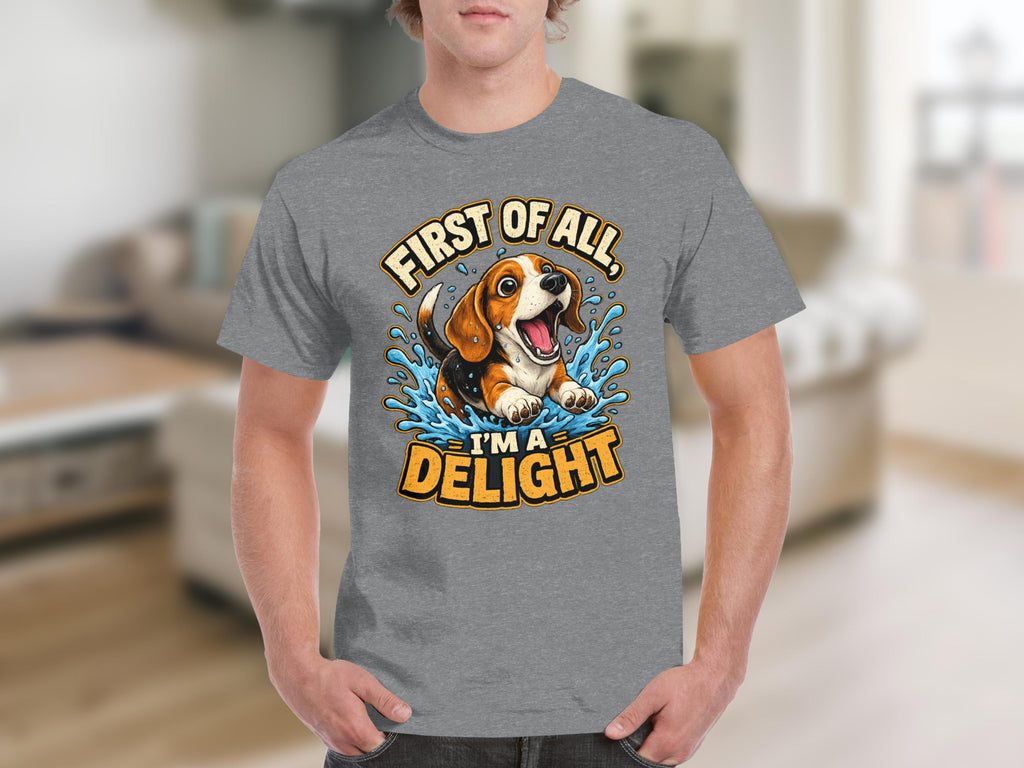 Beagle puppy splashing in water with "First of all, I'm a delight" text.