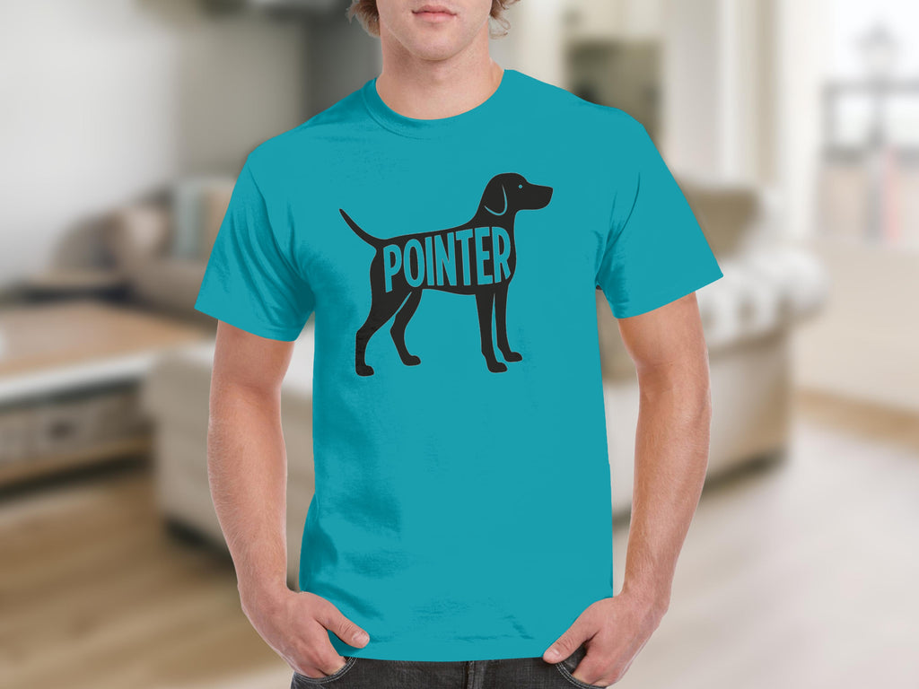 Teal t-shirt with a black silhouette of a pointer dog containing the word "POINTER".