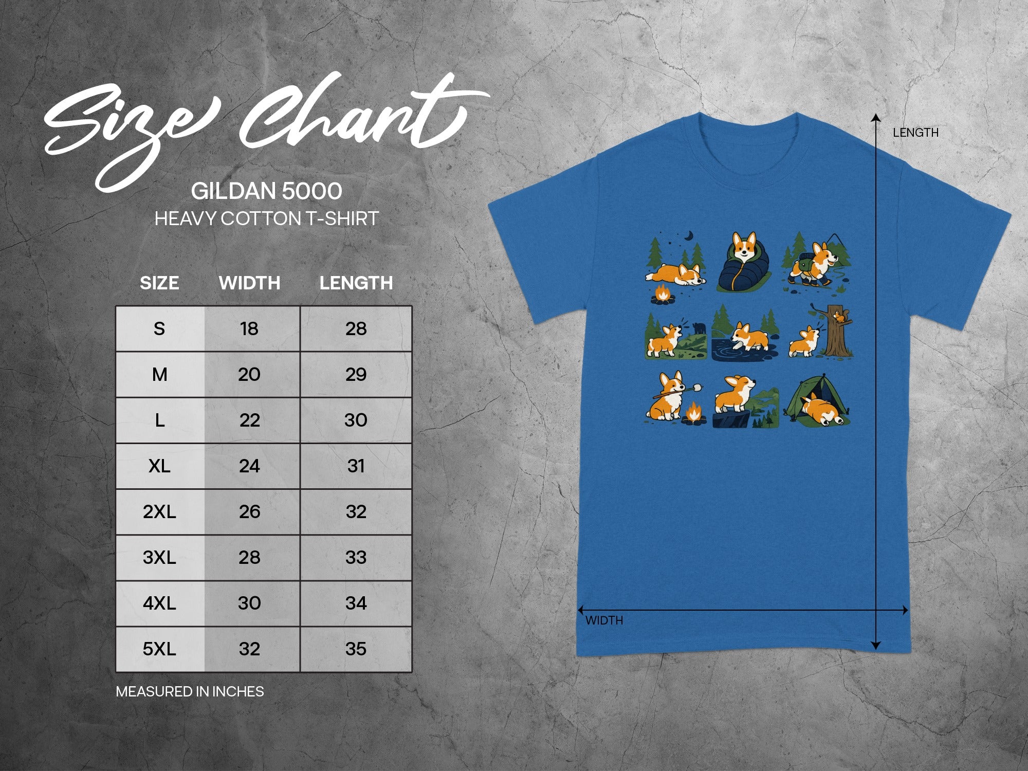 Gildan 5000 size chart for heavy cotton t-shirts with width and length measurements.