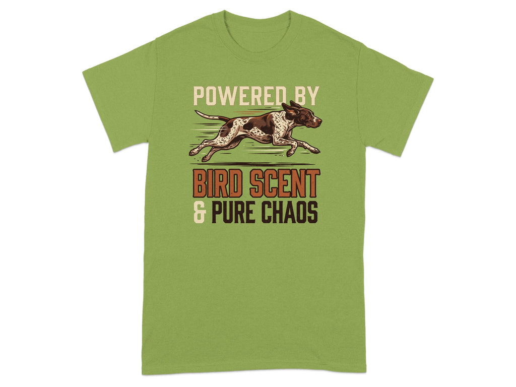 Green t-shirt with a running dog and text "Powered by Bird Scent & Pure Chaos".