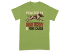 Green t-shirt with a running dog and text "Powered by Bird Scent & Pure Chaos".