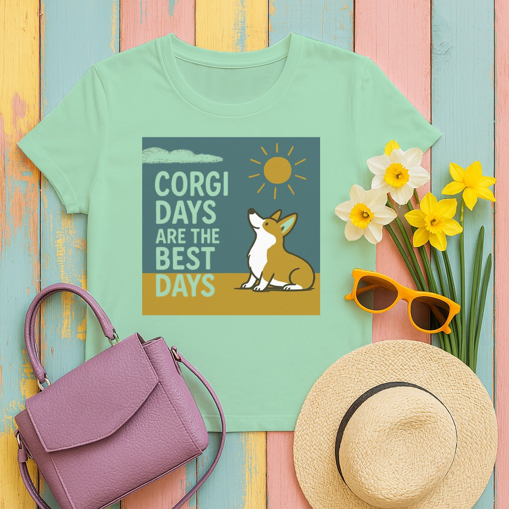 Whimsical Corgi Days Graphic T-Shirt in Mint Green