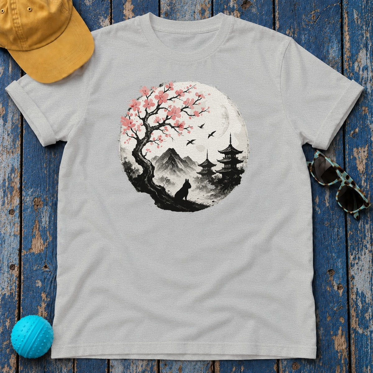 Zen Japanese Scene With French Bulldog Silhouette T-Shirt in Sport Grey