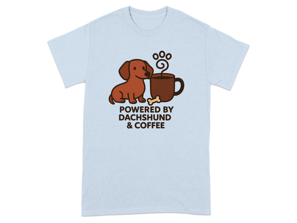 Light blue t-shirt with a dachshund and coffee cup graphic and text.