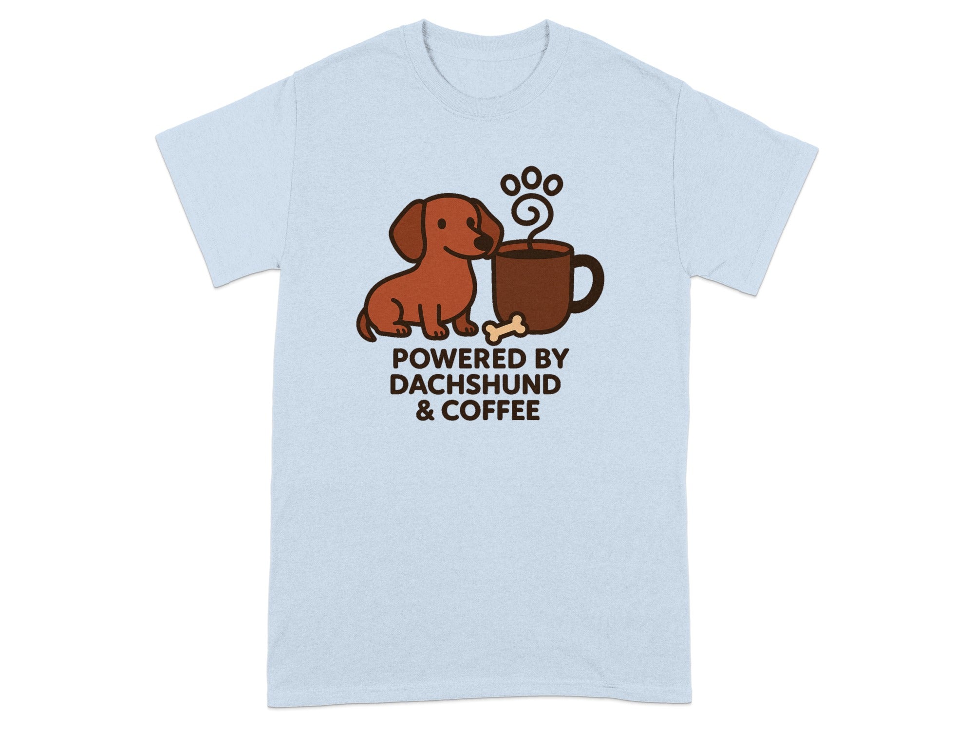 Light blue t-shirt with a dachshund and coffee cup graphic and text.