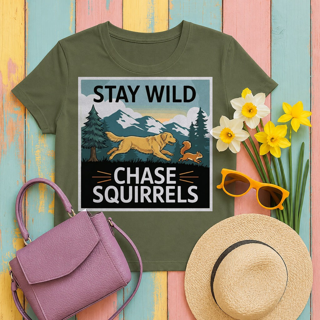 Stay Wild Chase Squirrels with Golden Retriever T-Shirt in Military Green
