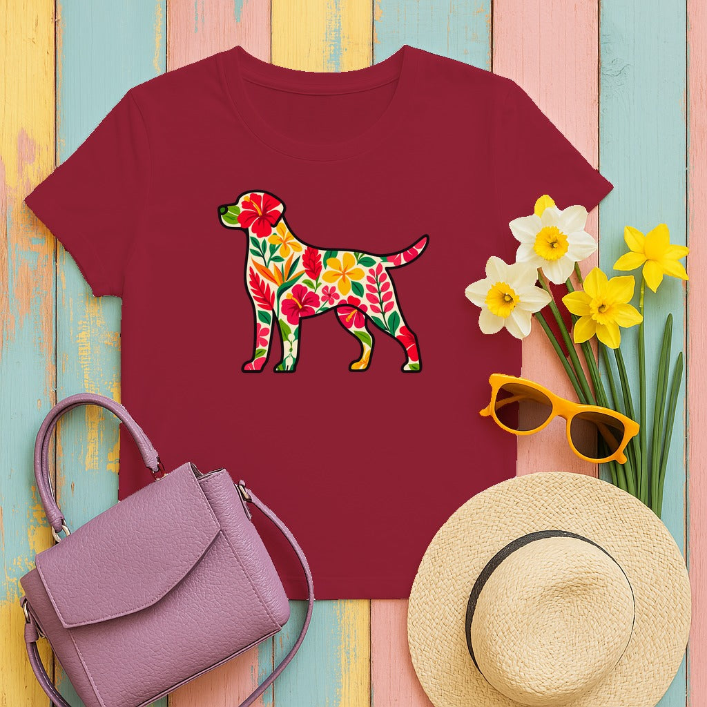 Floral Labrador with Hawaiian Flowers T-Shirt in Cardinal Red